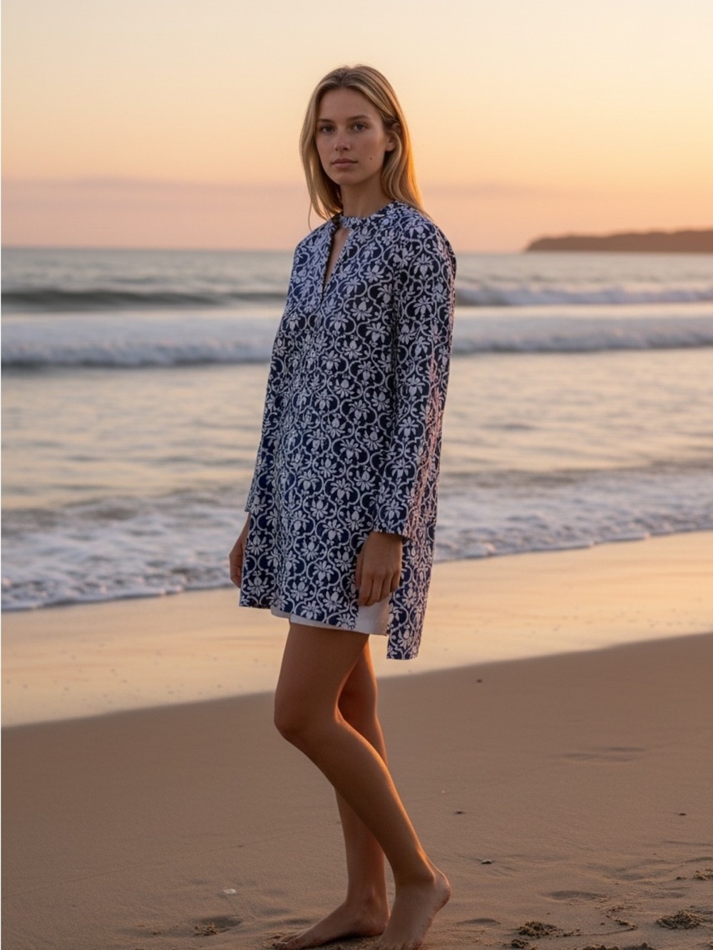 Lands' End Navy and White Printed Swim Cover-Up Tunic In Lightweight Cotton Sz L